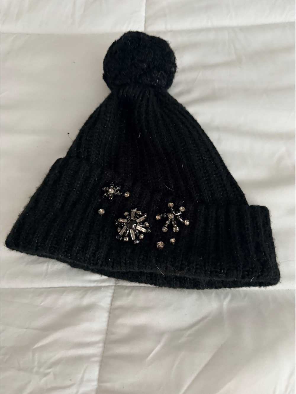 Victoria's Secret Black Knit Beanie with Pom Pom and Rhinest